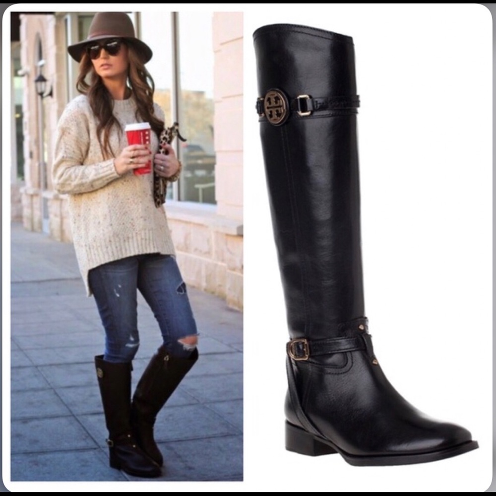 TORY BURCH CALISTA Black Leather Riding Boots Womans Shoes